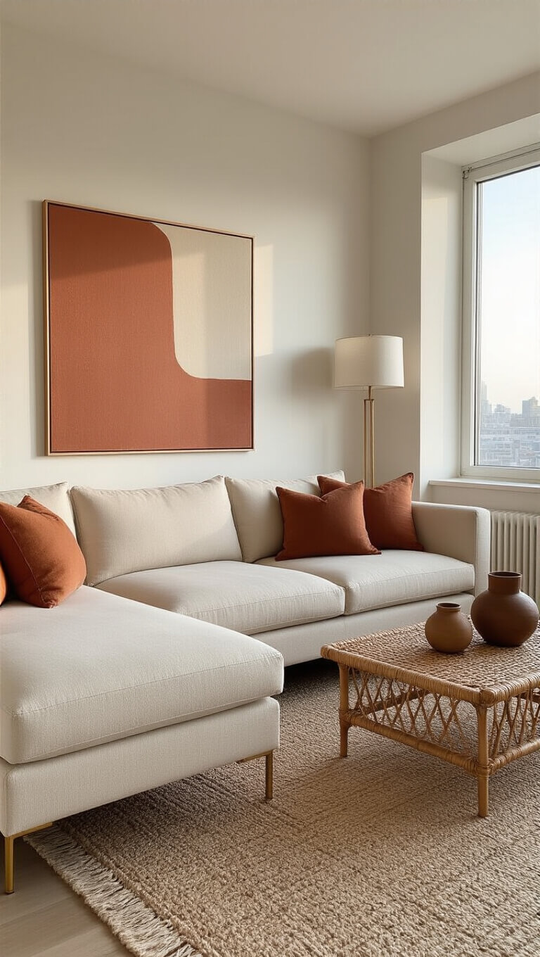 Minimalist corner apartment at golden hour with cream sectional, abstract terra cotta artwork, rattan coffee table, and warm ambient lighting.