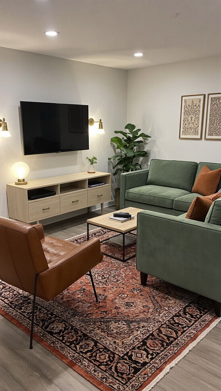 Cozy 160 sq ft urban studio living area at dusk with sage velvet sofa, leather chair, Persian rug, and wall-mounted TV above bleached oak console.