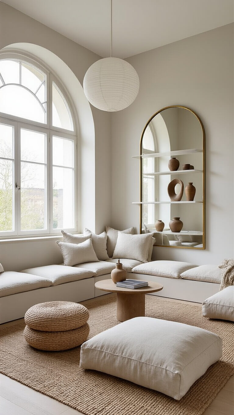 Scandinavian-style living room with arched window, oatmeal modular sofa, brass-framed mirror, ceramic vessels on floating shelves, and jute rug in soft neutral tones.