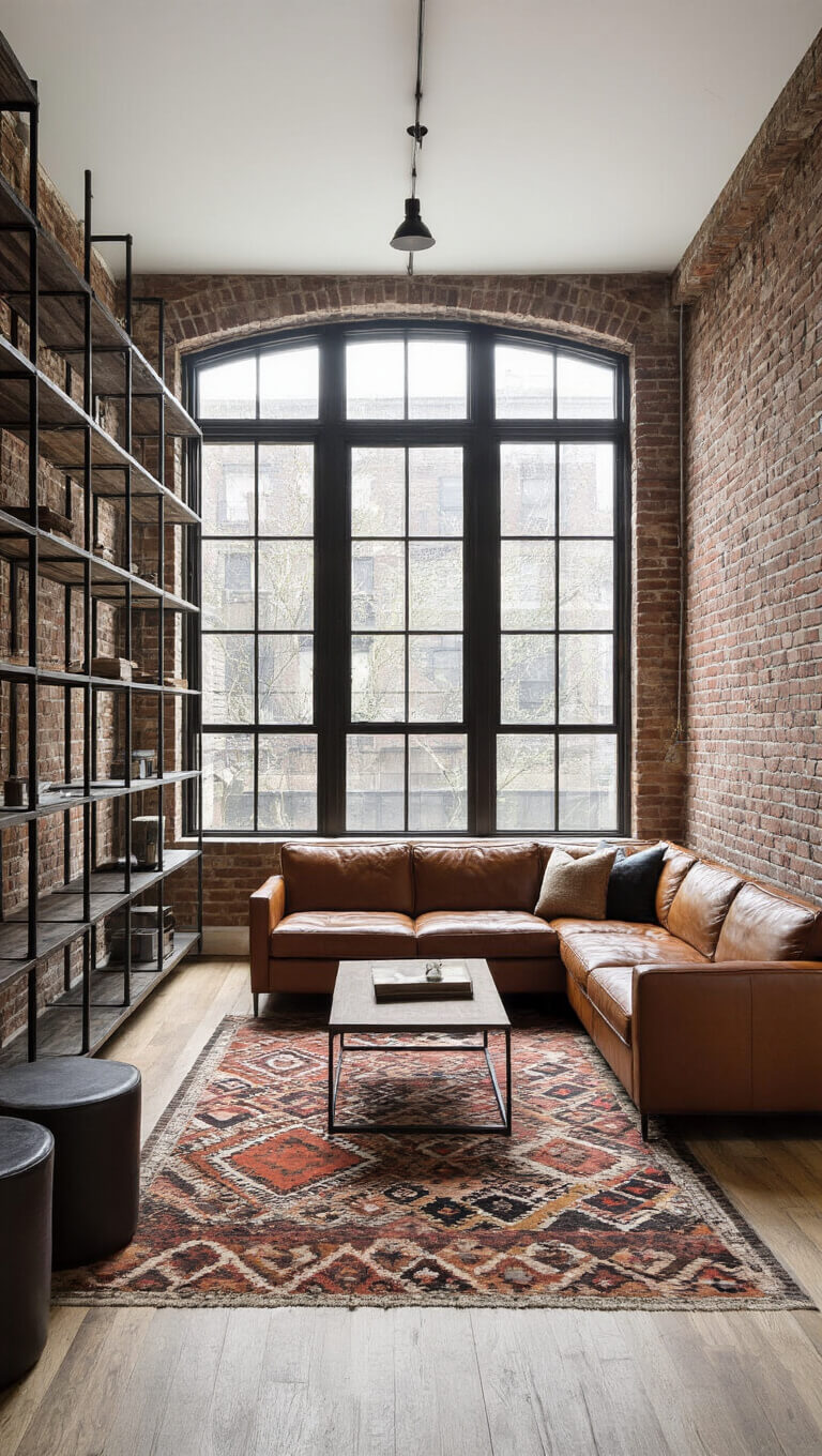 Industrial-modern living room with cognac leather sectional, exposed brick wall, vintage kilim rug, and steel-framed windows.