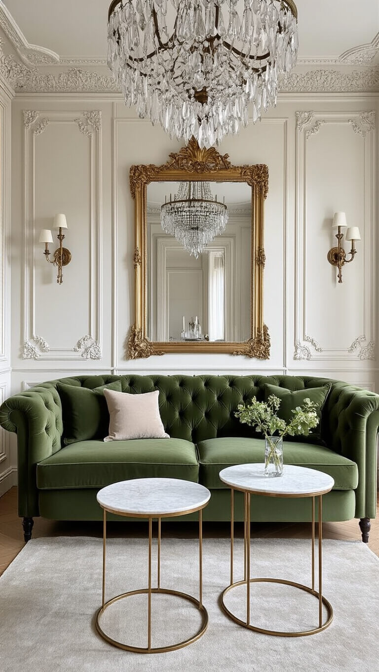 Petite Parisian-style living room with moss green velvet sofa, antique brass mirror, marble bistro tables, and crystal chandelier in afternoon light.
