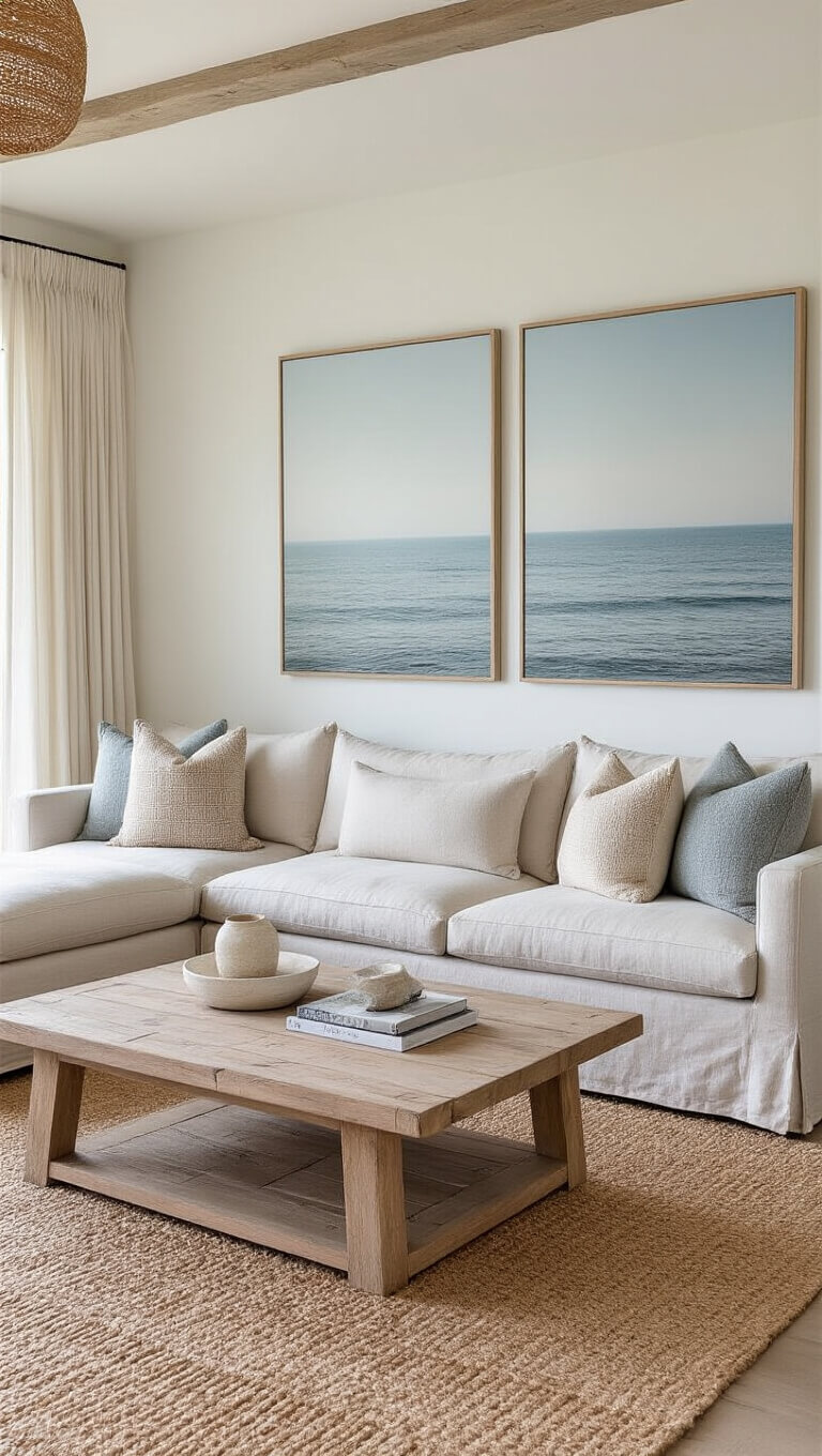 Small contemporary coastal living room with beige linen sectional, bleached wood coffee table, oversized seascape photo, jute rug, and sheer curtains diffusing midday light.