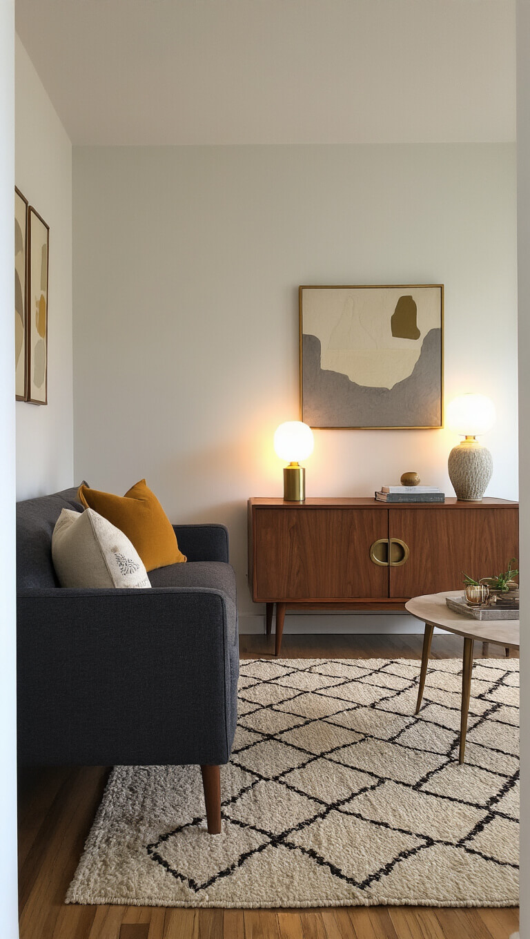 Mid-century compact living room with walnut sofa, brass cabinet, geometric rug, and ceramic lamps in late afternoon light.