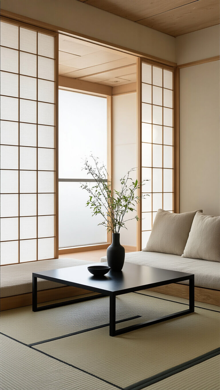 Japanese minimalist 170 sq ft living space at dawn with low-profile linen seating, black steel coffee table, rice paper screens filtering soft light, and an Ikebana floral arrangement as focal point.
