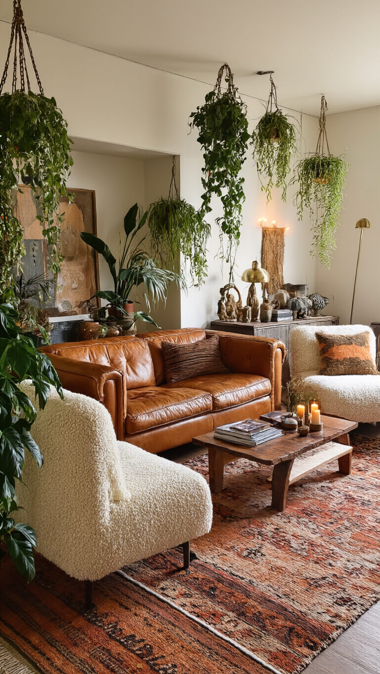 Urban bohemian living room with vintage leather sofa, modern bouclé chairs, layered rugs, global artifacts, hanging plants, warm LED and candlelight in cozy evening ambiance.