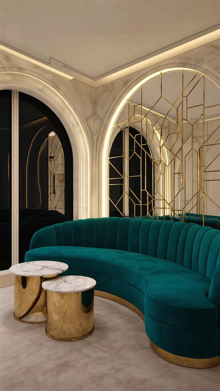 Art Deco-inspired living room with deep teal curved velvet sofa, marble and brass accent tables, geometric mirror reflecting dramatic evening lighting, highlighting symmetrical design and luxurious materials.
