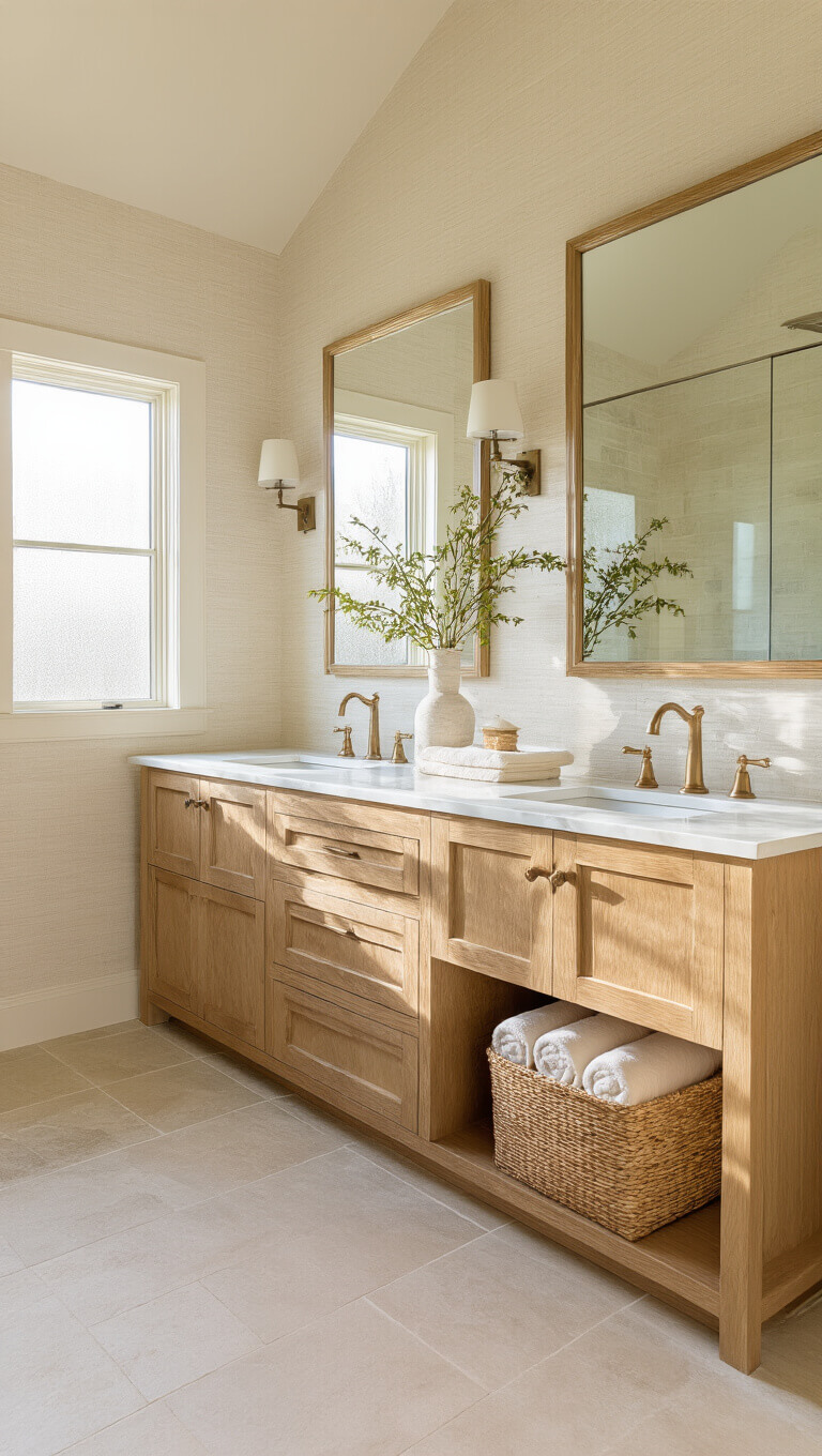 Sunlit master bathroom with vaulted ceiling, white oak floating vanity, marble double sink, cream wallpaper, stone-look tiles, and mirror reflecting warm golden hour light.