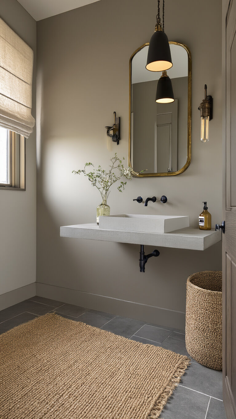 Low-angle view of compact 6x8 powder room with dramatic pendant light, greige walls, matte black hardware, vintage brass mirror above floating concrete sink, linen roman shade, and handwoven jute rug.