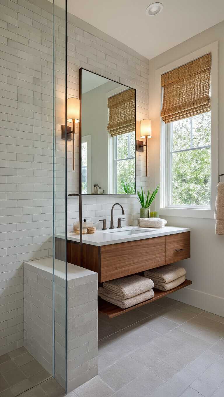 Contemporary 8x10 guest bathroom with white subway tile walls, floating walnut vanity, quartz countertop, textured glass shower door, and bamboo window shade.