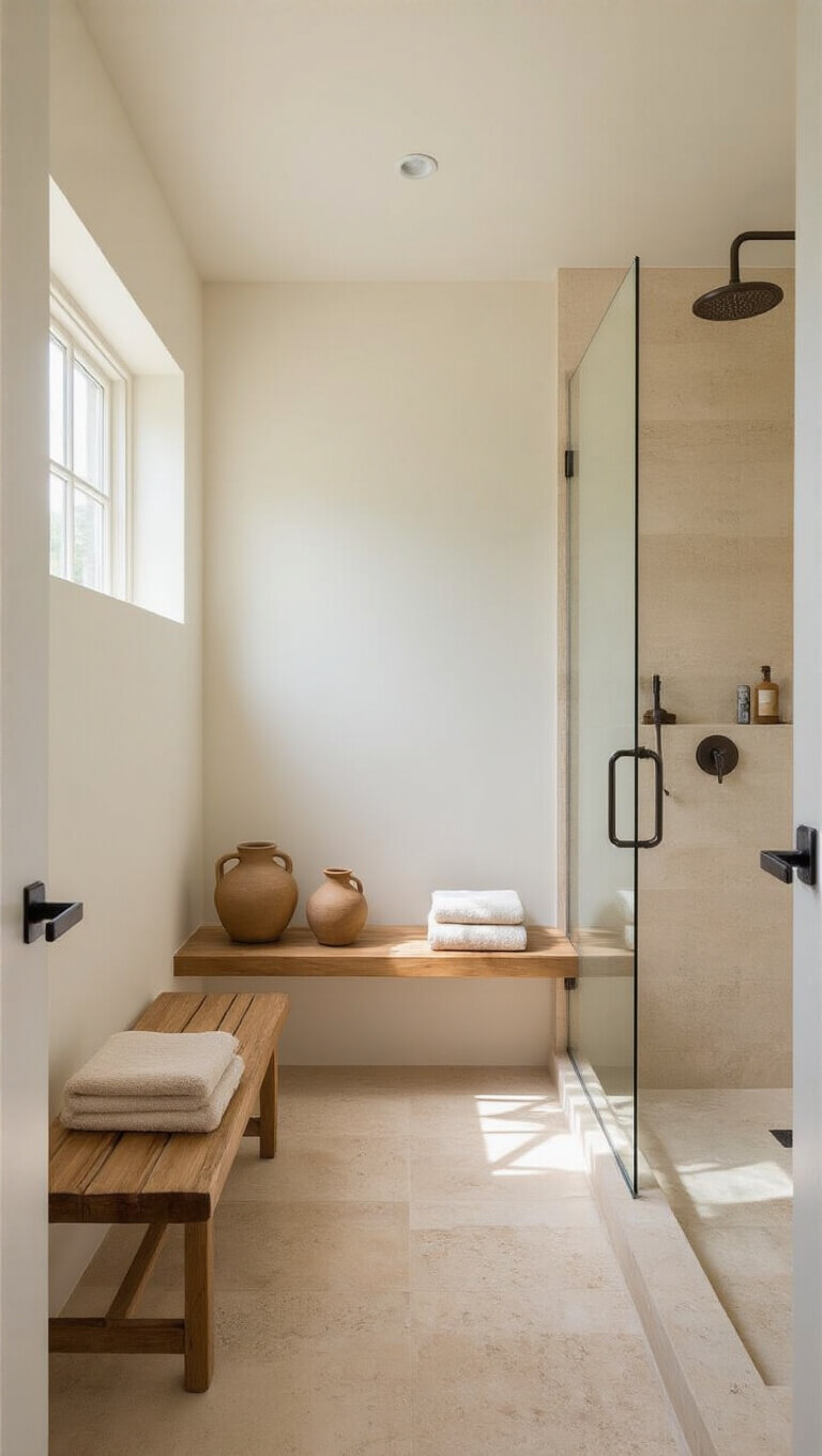 Minimalist 9x12 ensuite with travertine floors, clerestory windows, wall-mounted teak shower bench, ceramic vessels, and oatmeal Turkish towels reflected in shower glass.