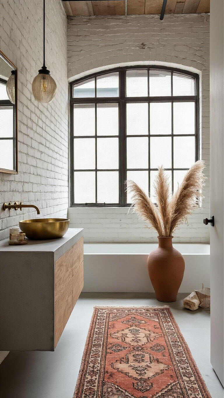 Urban bathroom with warm white exposed brick, brass basin on concrete vanity, vintage rug, pampas grass in vase, and industrial window showcasing loft-style lighting.