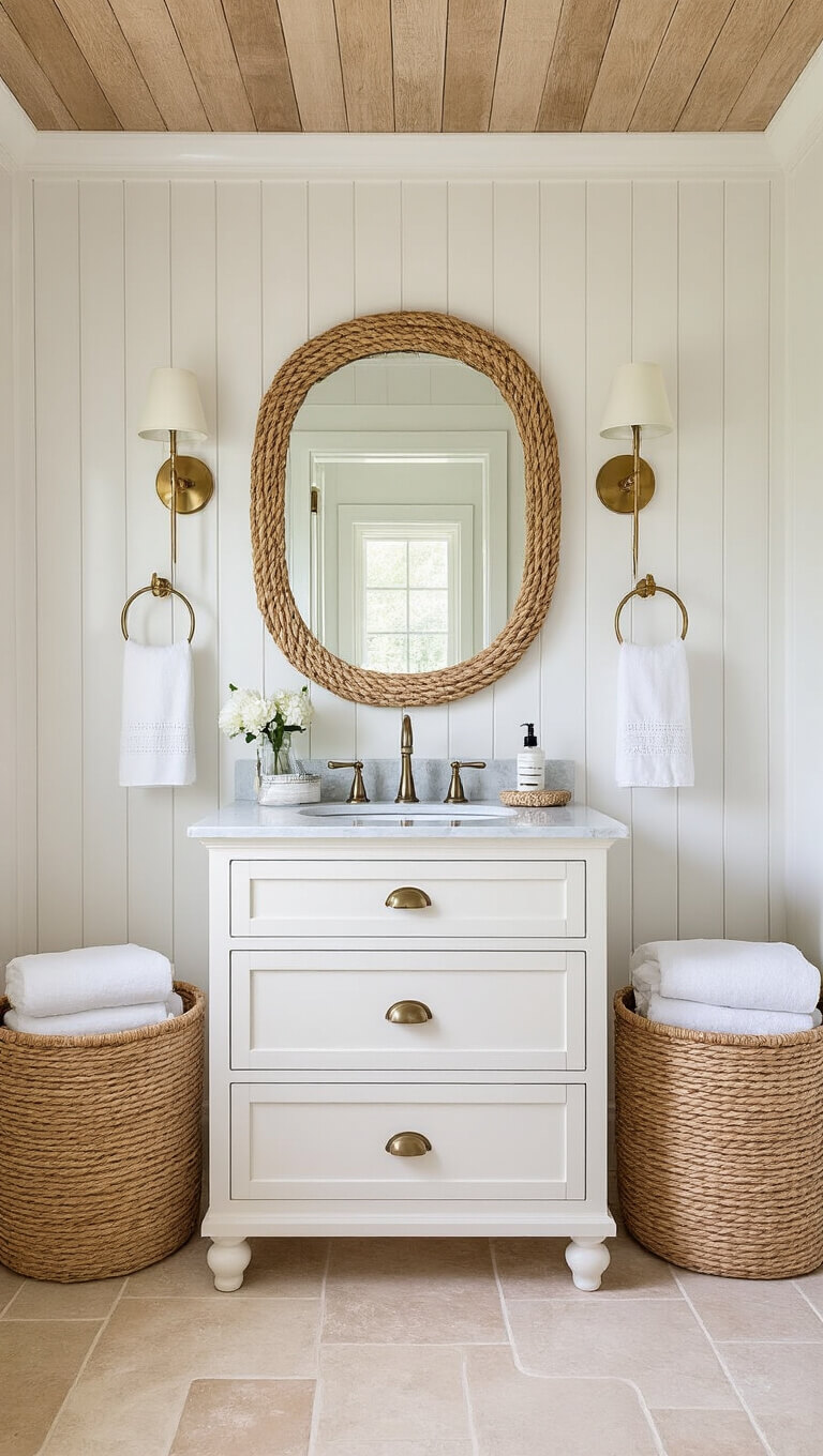 Coastal-inspired bathroom with shiplap walls, sandy tile floor, shell-white vanity, rope mirror, brass sconces, and woven baskets in soft daylight.