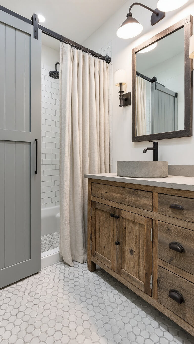 Modern farmhouse bathroom with dove gray vertical shiplap, hexagon tile floor, reclaimed wood vanity, concrete vessel sink, iron-framed mirror, industrial sconces, and raw linen shower curtain; low-angle view highlights ceiling height and dramatic side lighting.