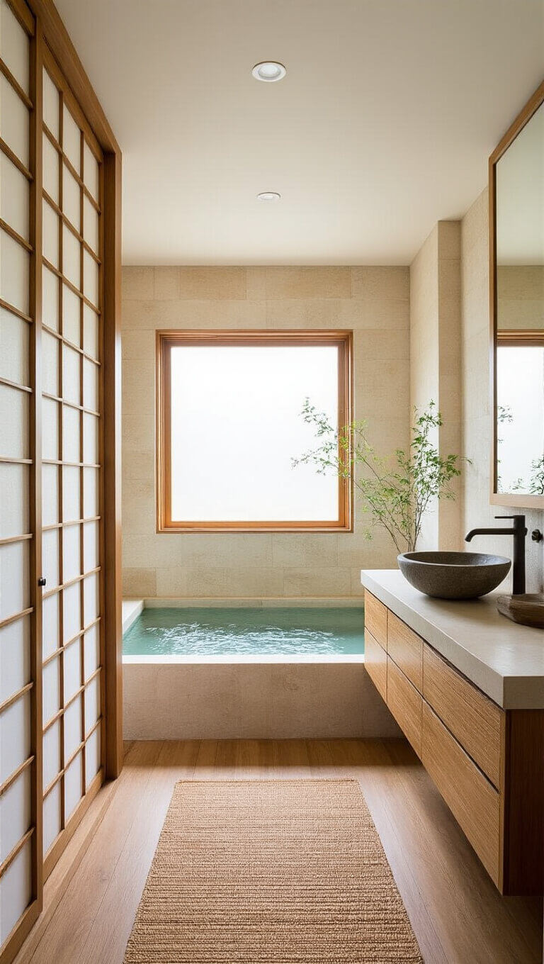 Zen-inspired 8x11 bathroom with rice paper screens, limestone walls, teak floors, bamboo vanity with stone vessel sink, Japanese soaking tub under window, and soft natural lighting.