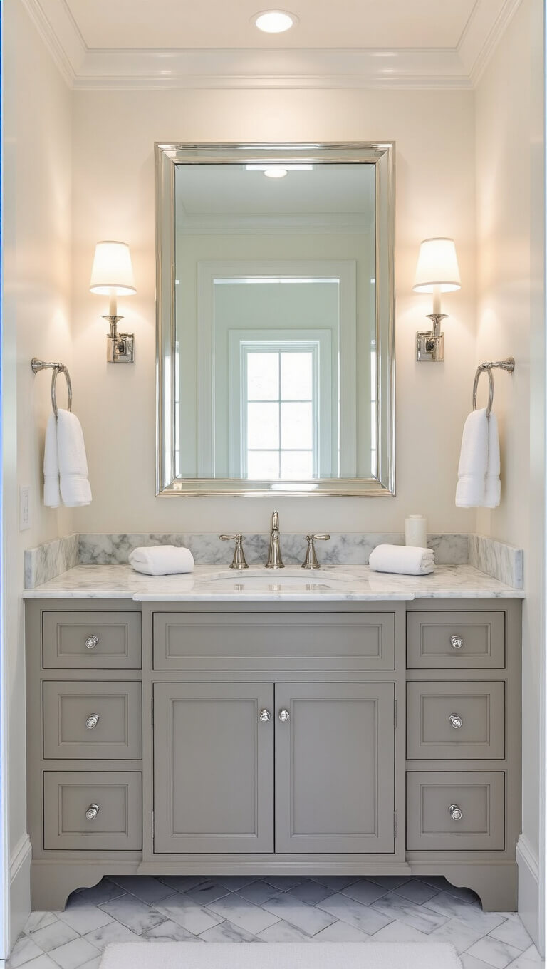 Classic 9x10 bathroom with marble herringbone floor, pearl white walls, dove gray traditional vanity with marble top, polished nickel fixtures, framed mirror, ivory Egyptian cotton towels, and crown molding in soft overhead lighting.