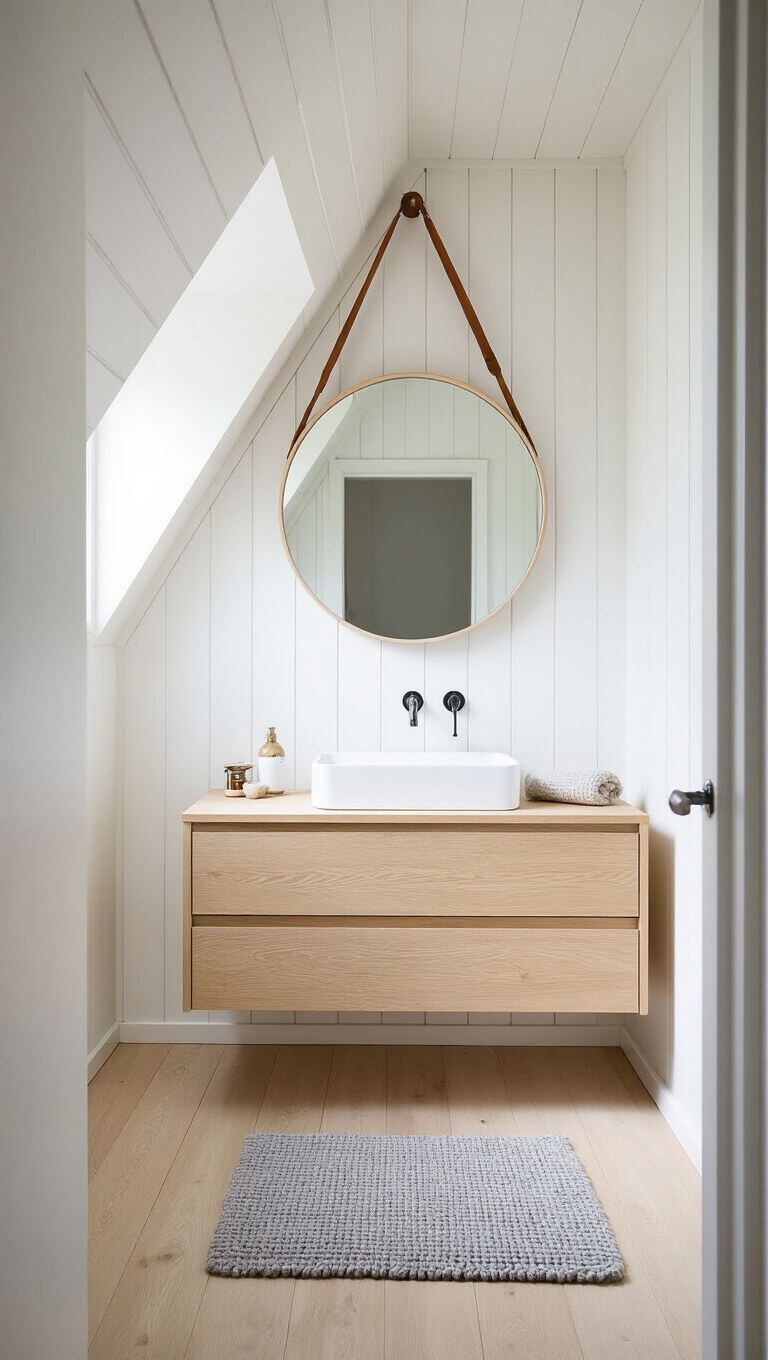 Scandinavian bathroom with pitched ceiling, whitewashed walls, pale oak floors, and wall-mounted bleached wood vanity; round mirror with leather strap and gray woolen bath mat in natural light.