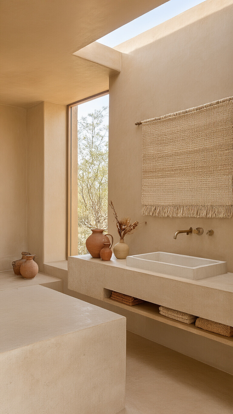 Desert modern bathroom with sand-toned Venetian plaster walls, floating concrete vanity, integrated sink, clerestory windows, neutral handwoven wall hanging, terra cotta vessels with dried botanicals, all bathed in warm afternoon light.