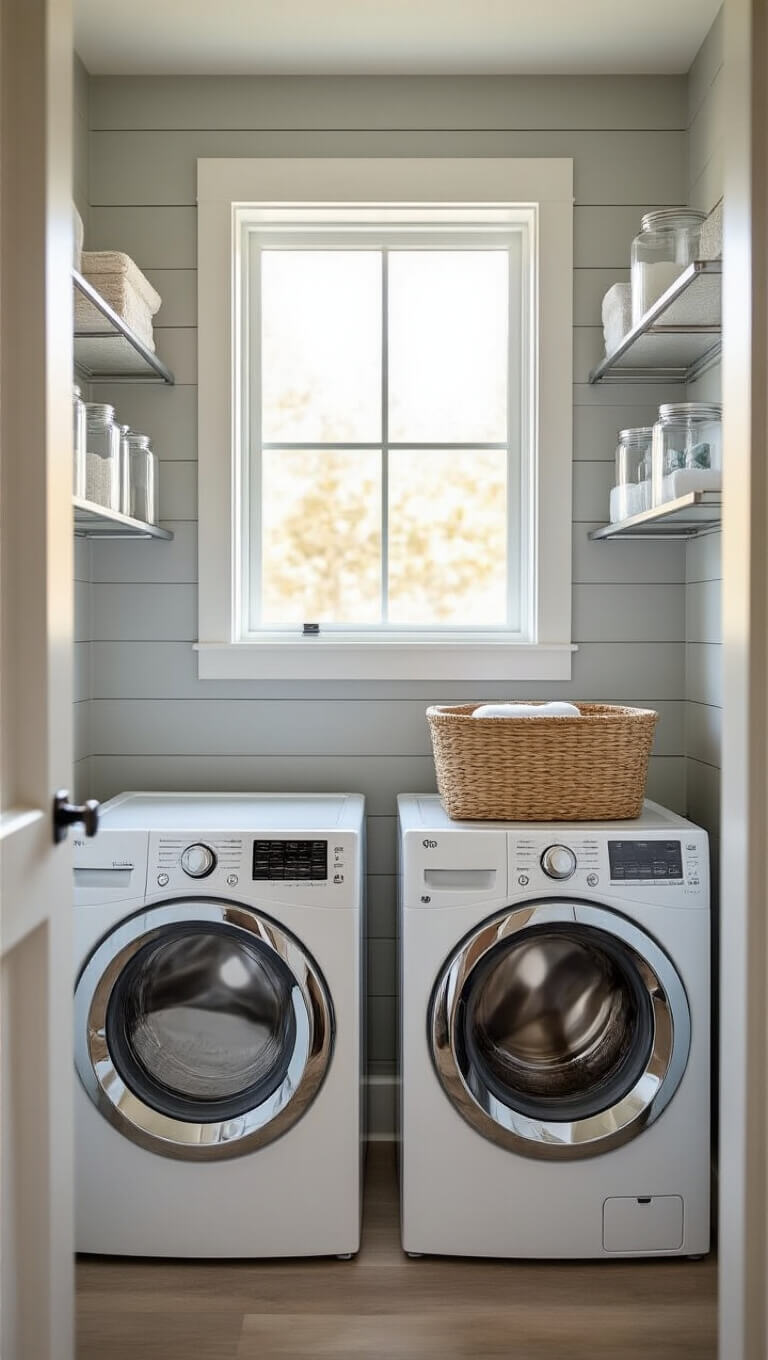 Modern stacked white washer and dryer in compact laundry closet with light gray shiplap walls, natural light, chrome shelves with glass detergent containers, and woven basket on top.
