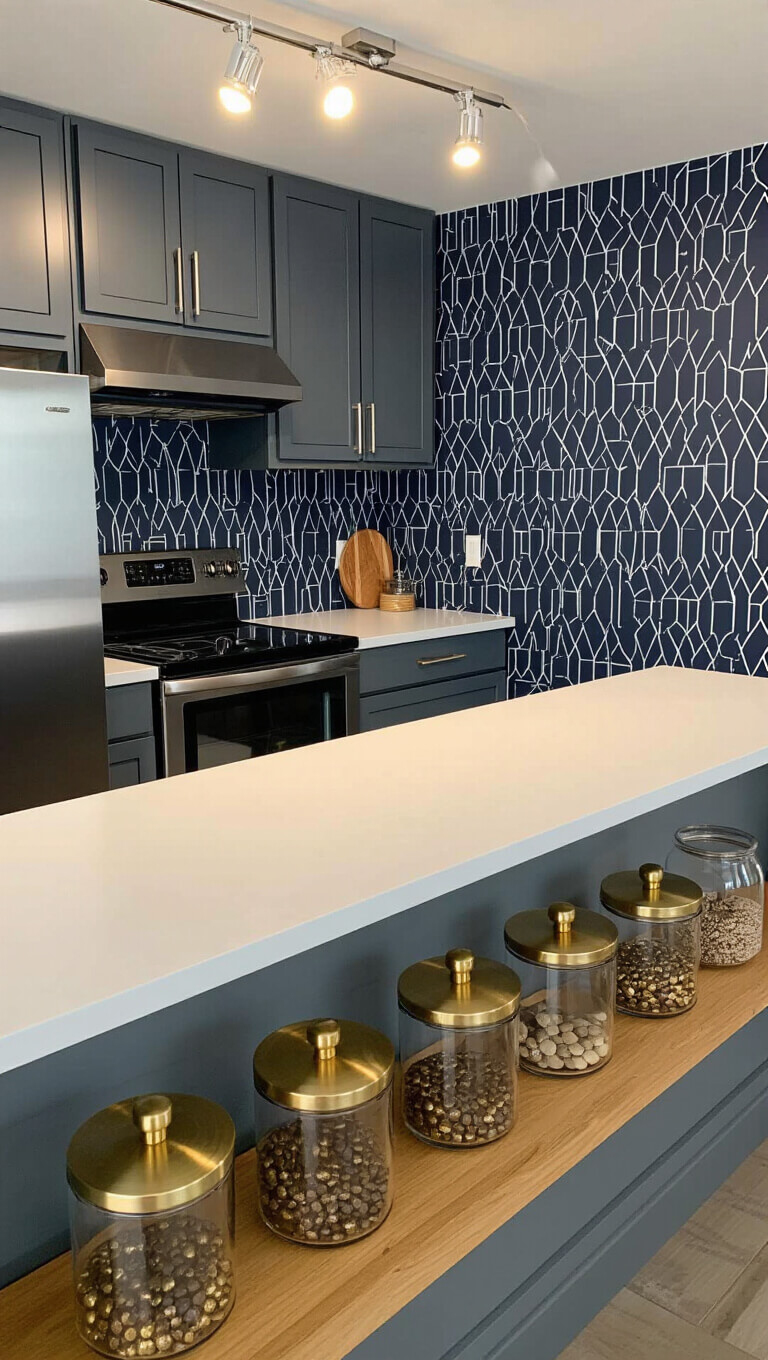 Compact utility room with brushed steel appliances, navy geometric wallpaper, white folding quartz counter, overhead LED lighting, and glass canisters on wooden shelf.