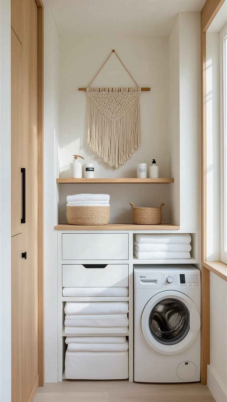 Scandinavian laundry nook with white stacked machines, pale oak built-ins, black hardware, macramé wall hanging, and minimalist supplies on floating shelf.
