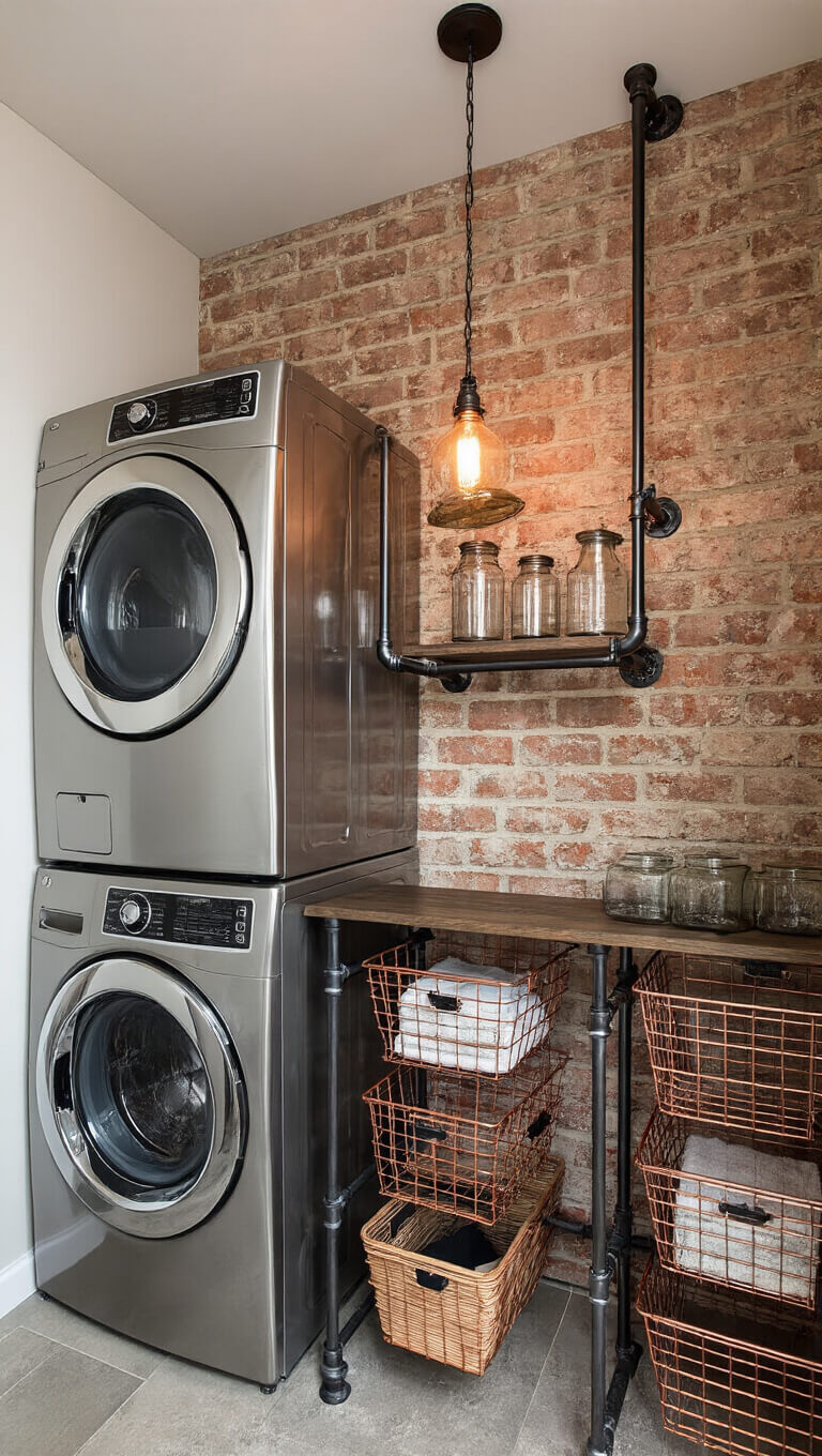 Industrial-chic laundry alcove with exposed brick, metallic stackable washers, copper wire baskets, and black pipe shelving under warm Edison bulb lighting.