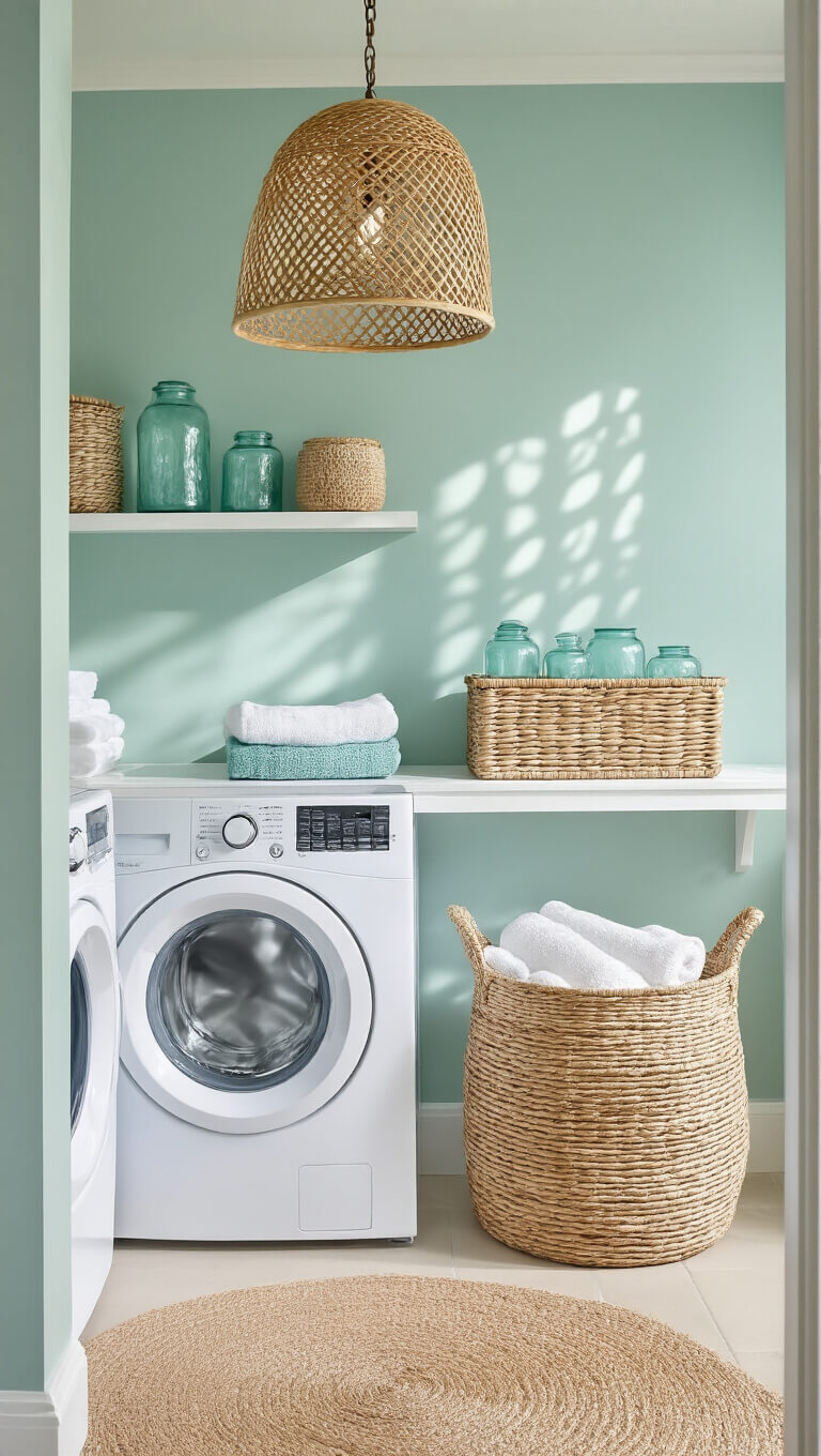 Coastal laundry room with seafoam green accent wall, white appliances, rattan pendant light, floating shelves with sea glass containers, and jute basket with rolled towels.