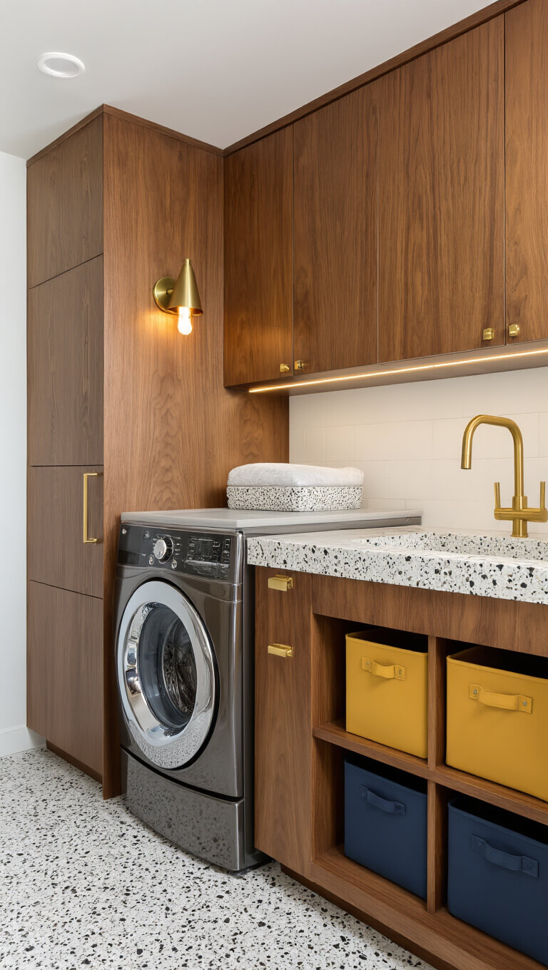 Mid-century modern laundry room with walnut cabinets, stacked washer-dryer, terrazzo countertop with integrated sink, brass sconce lighting, and mustard and navy storage bins.