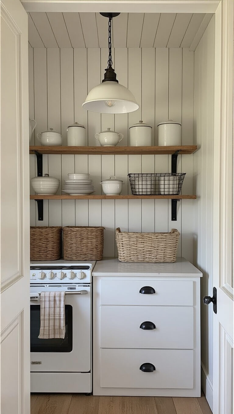 Farmhouse utility room with vertical shiplap walls, stacked white appliances, vintage pendant light, and open shelves with enamelware and wire baskets.