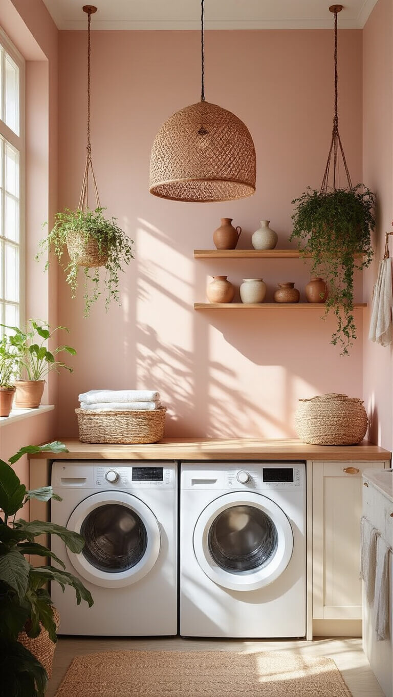 Bohemian laundry area with blush pink walls, copper accents, white appliances, wooden countertop, hanging plants, and floating shelves with ceramics.