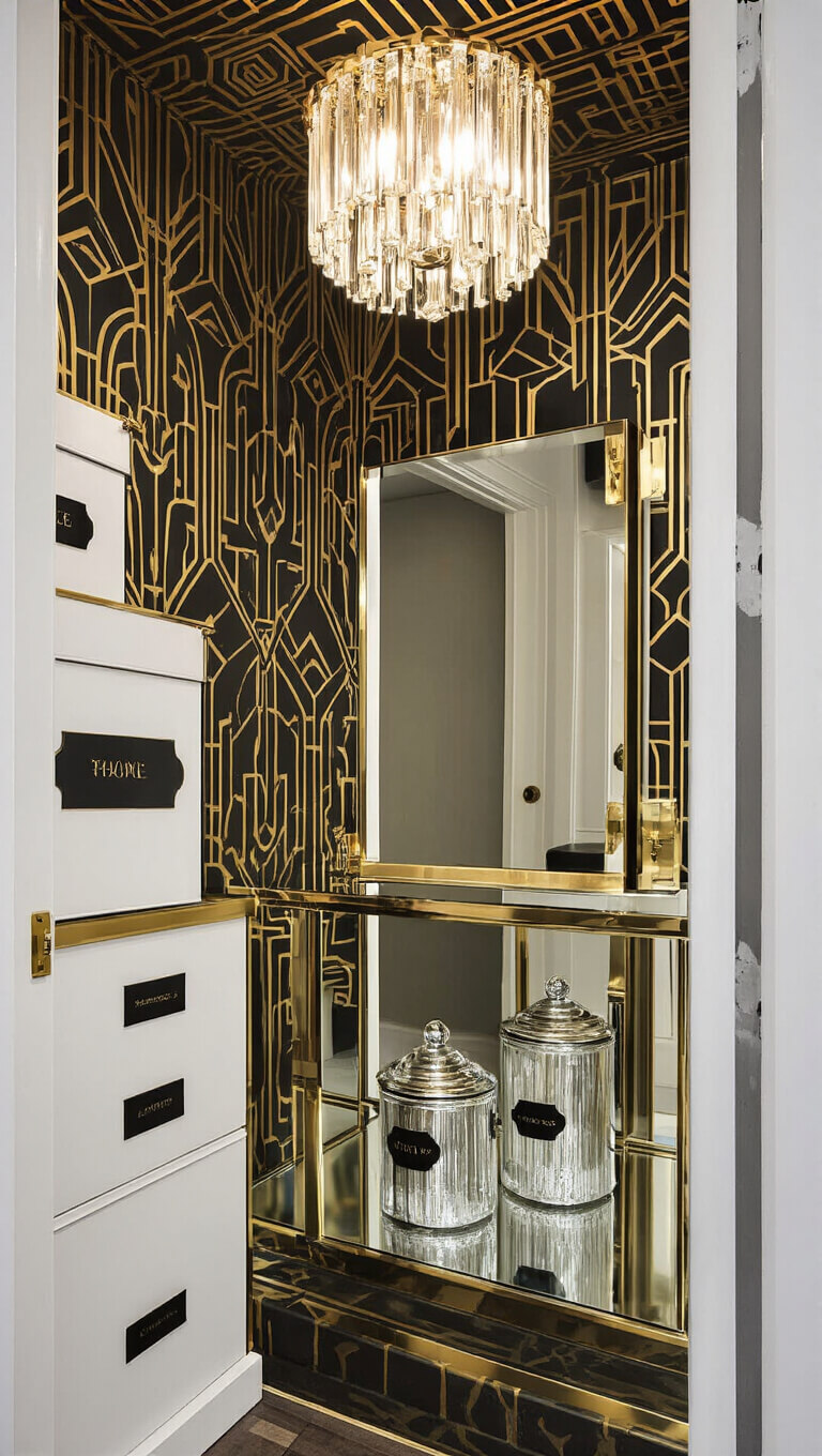 Art deco utility space with black and gold geometric wallpaper, crystal light fixture, white stacked units with brass pulls, and glass canisters on mirrored shelf.