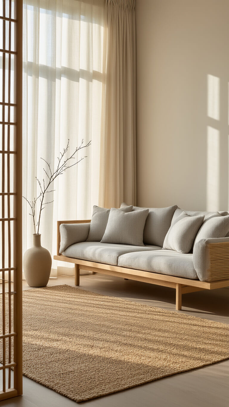 Serene modern living room with floor-to-ceiling windows, golden hour light filtering through sheer curtains, featuring an oak platform sofa, jute rug, bamboo divider, and minimalist decor in soft neutral tones.