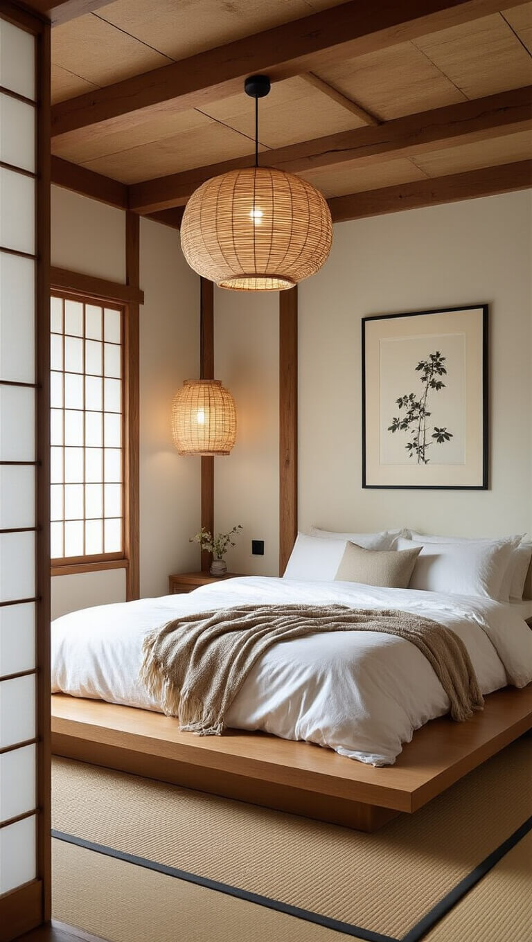 Japanese-inspired bedroom with platform walnut bed, white pleated linens, bamboo pendant lamp casting shadows, and dawn light through paper screens.