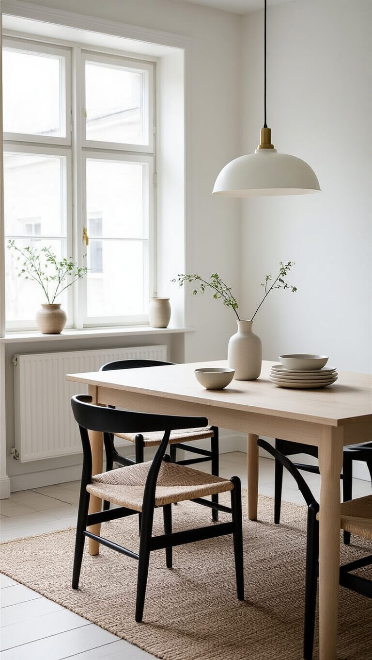 Scandinavian dining room with blonde wood table, black woven chairs, ceramic tableware, and soft midday light through frosted windows.