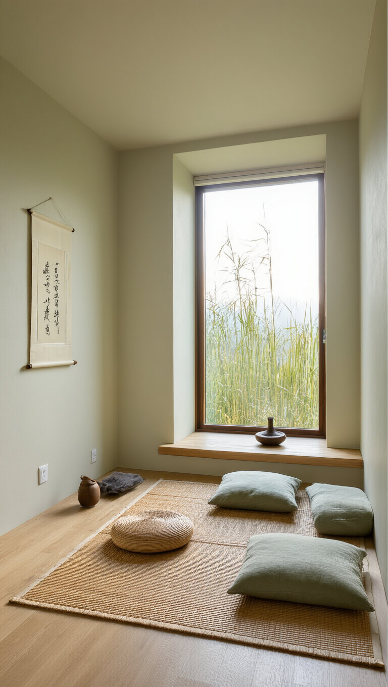 Meditation alcove with bamboo cushion, linen pillows, woven mat, and incense holder bathed in early morning light through panoramic window.