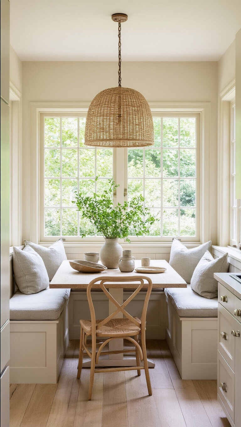 Cozy kitchen nook with built-in pale wood bench, linen cushions, ceramic dining set, and woven pendant light, bathed in late morning light with garden view and fresh greenery in stone vase.