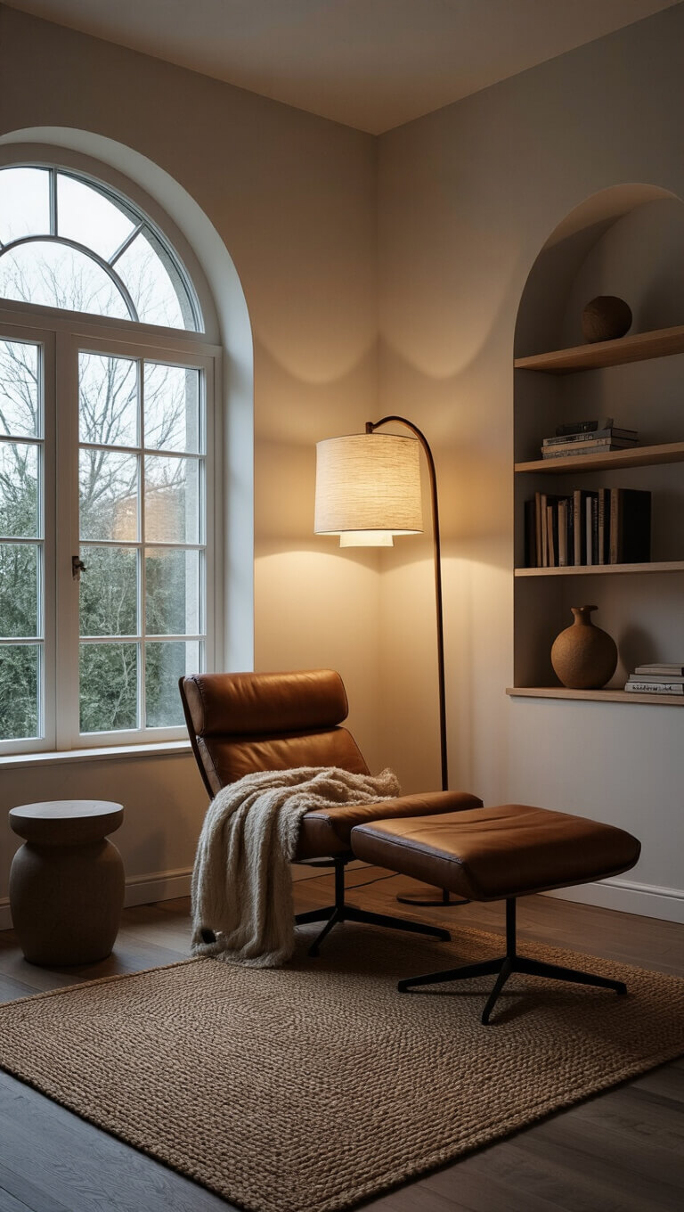Cozy reading corner with low cognac leather lounge chair, oak minimalist bookshelf, arched window at dusk, paper floor lamp, woven reed mat, wool throw, and ceramic sculpture in warm, refined lighting.