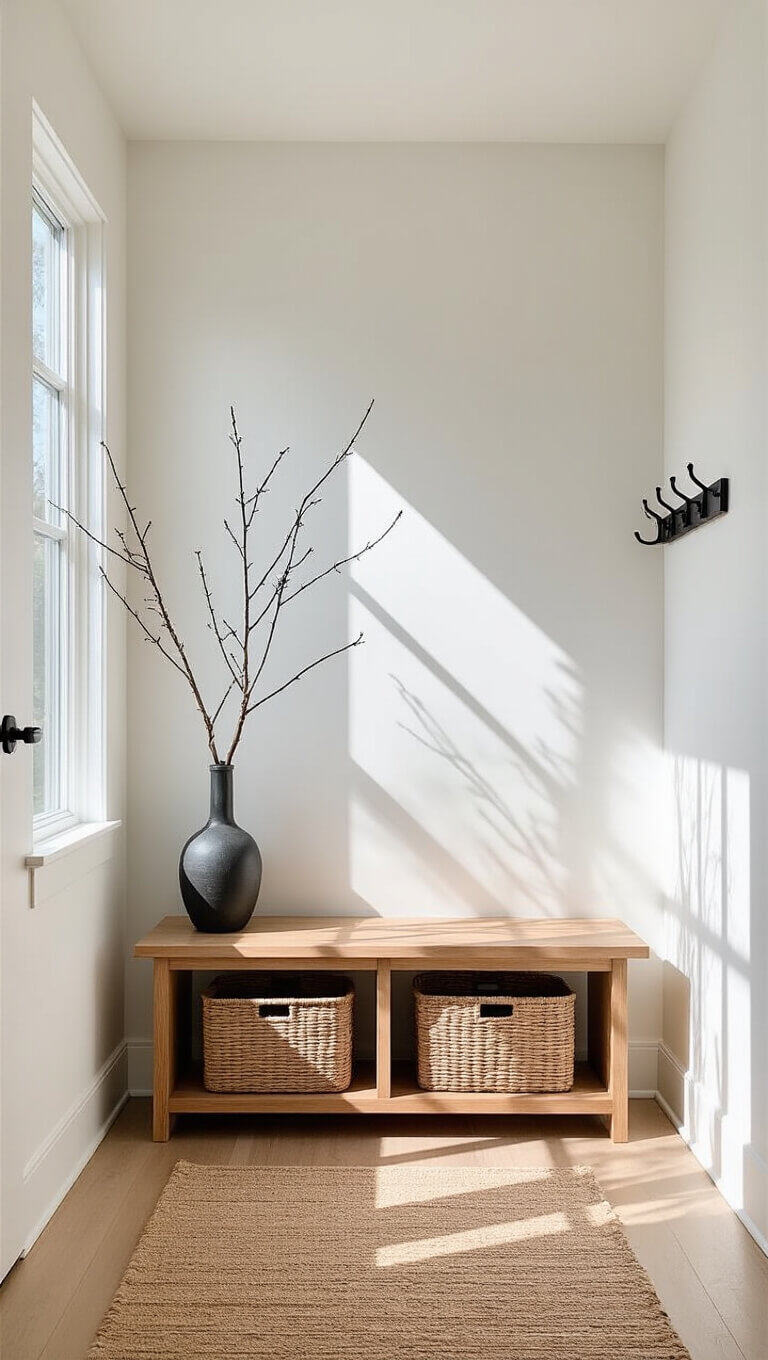 Minimalist entryway with floating wooden bench, woven baskets, black steel hooks, tall vase with single branch, and morning light casting dramatic shadows.
