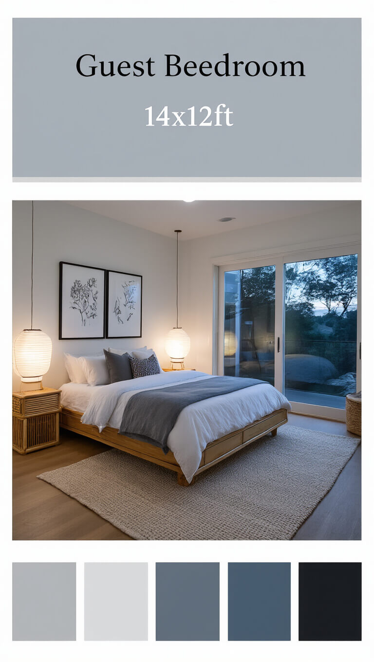 Serene guest bedroom with platform bed in white and grey linens, bamboo side tables, paper lanterns, and wool rug, captured at twilight with moody lighting.