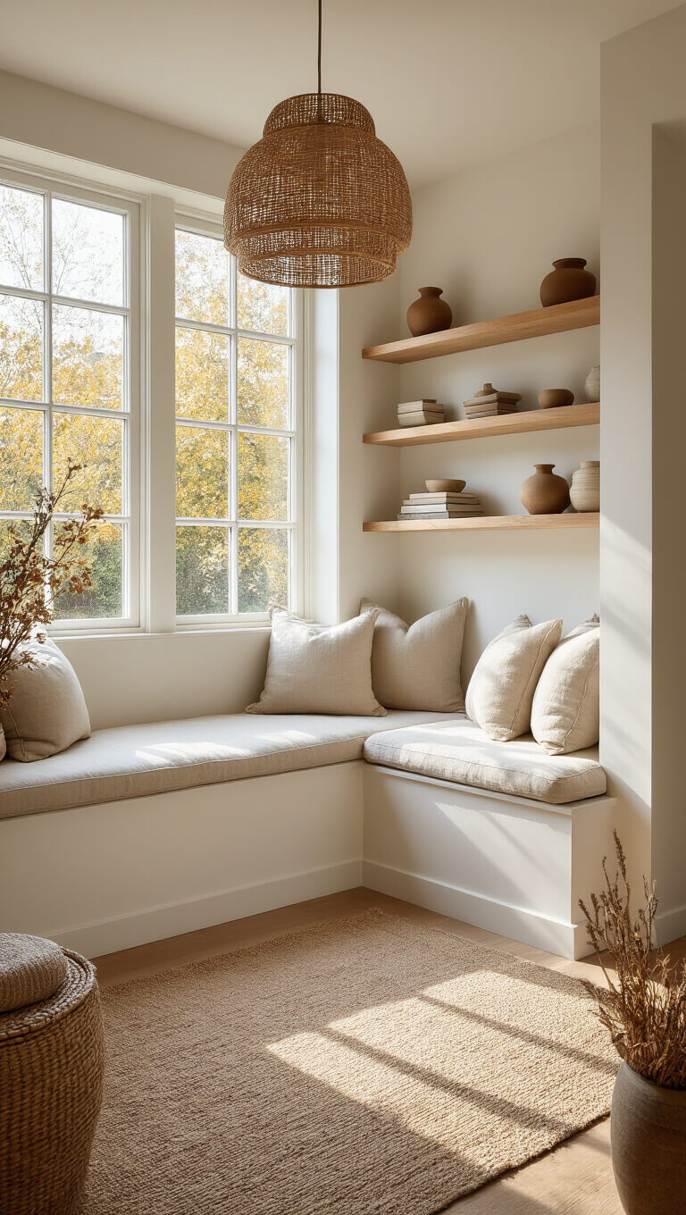 Cozy living room nook with built-in window seat, soft linen cushions, and floating shelves displaying ceramics, bathed in golden late afternoon light from corner windows.