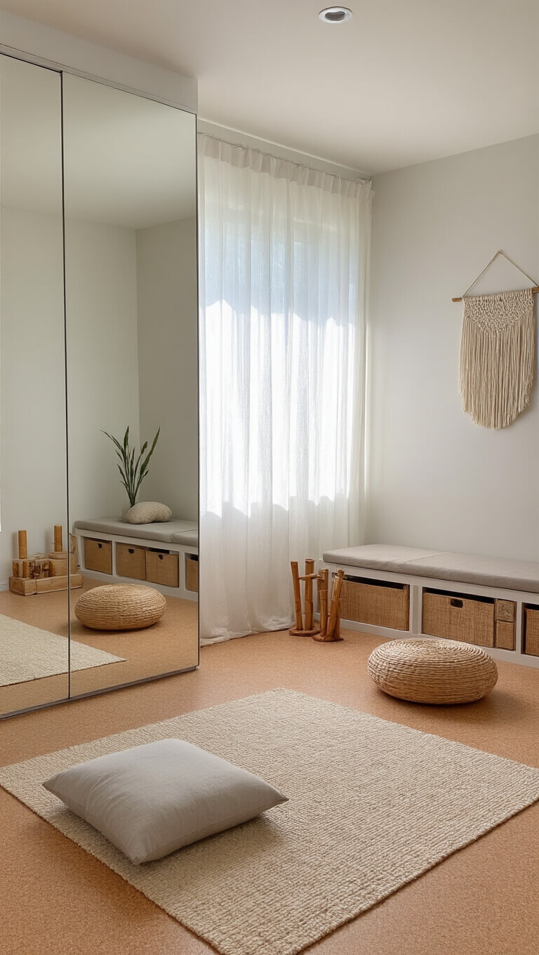 Wide shot of a serene home yoga studio with cork flooring, mirror wall, soft morning light filtering through translucent curtains, bamboo props, meditation cushions, and pale-toned minimalist decor.