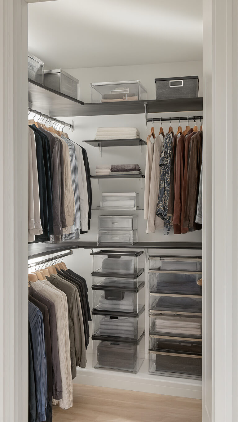 Brightly lit small bedroom closet with white walls, black floating shelves, color-coordinated neutral clothing on velvet hangers, clear acrylic storage boxes, and metallic over-door organizer.