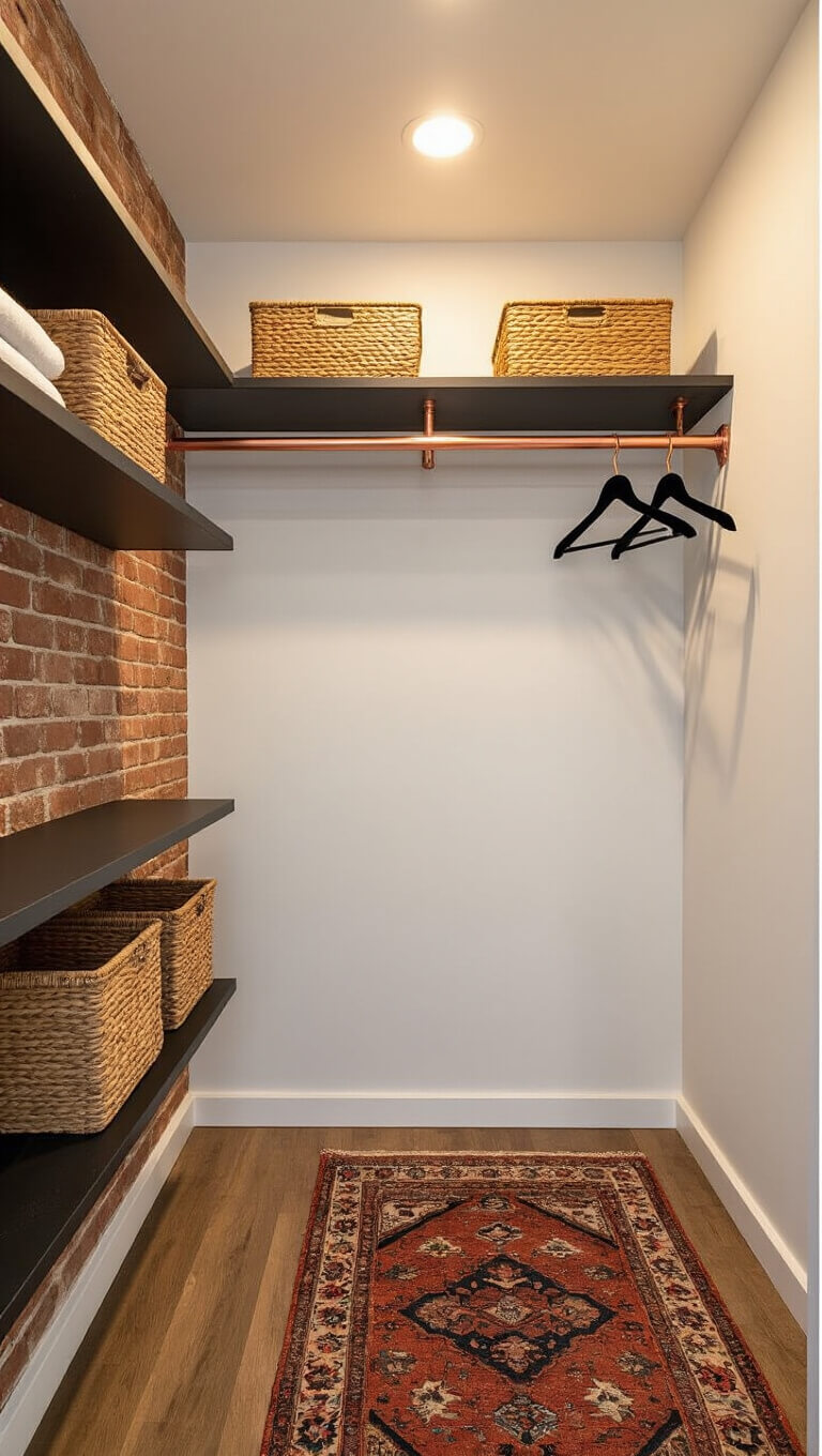Cozy 4x6ft closet with golden hour lighting, exposed brick and white walls, copper rod with black velvet hangers, woven baskets on floating shelves, and vintage Persian runner on hardwood floor.