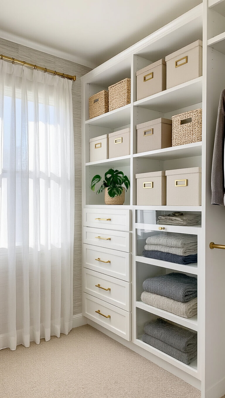 Organized 5x7ft closet with white built-ins, brass hardware, open shelving with neutral boxes and potted monstera, glass drawer of folded sweaters, grasscloth accent wall, soft light through sheer curtains.