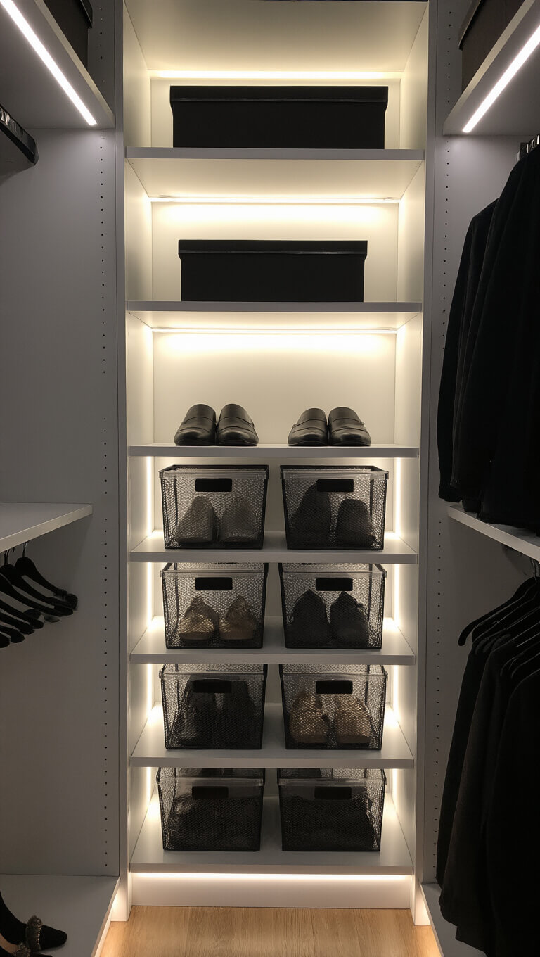 Closet with dramatic dusk lighting, white shelves with black metal accents, clear shoe boxes, and metallic mesh baskets, captured in close-up.