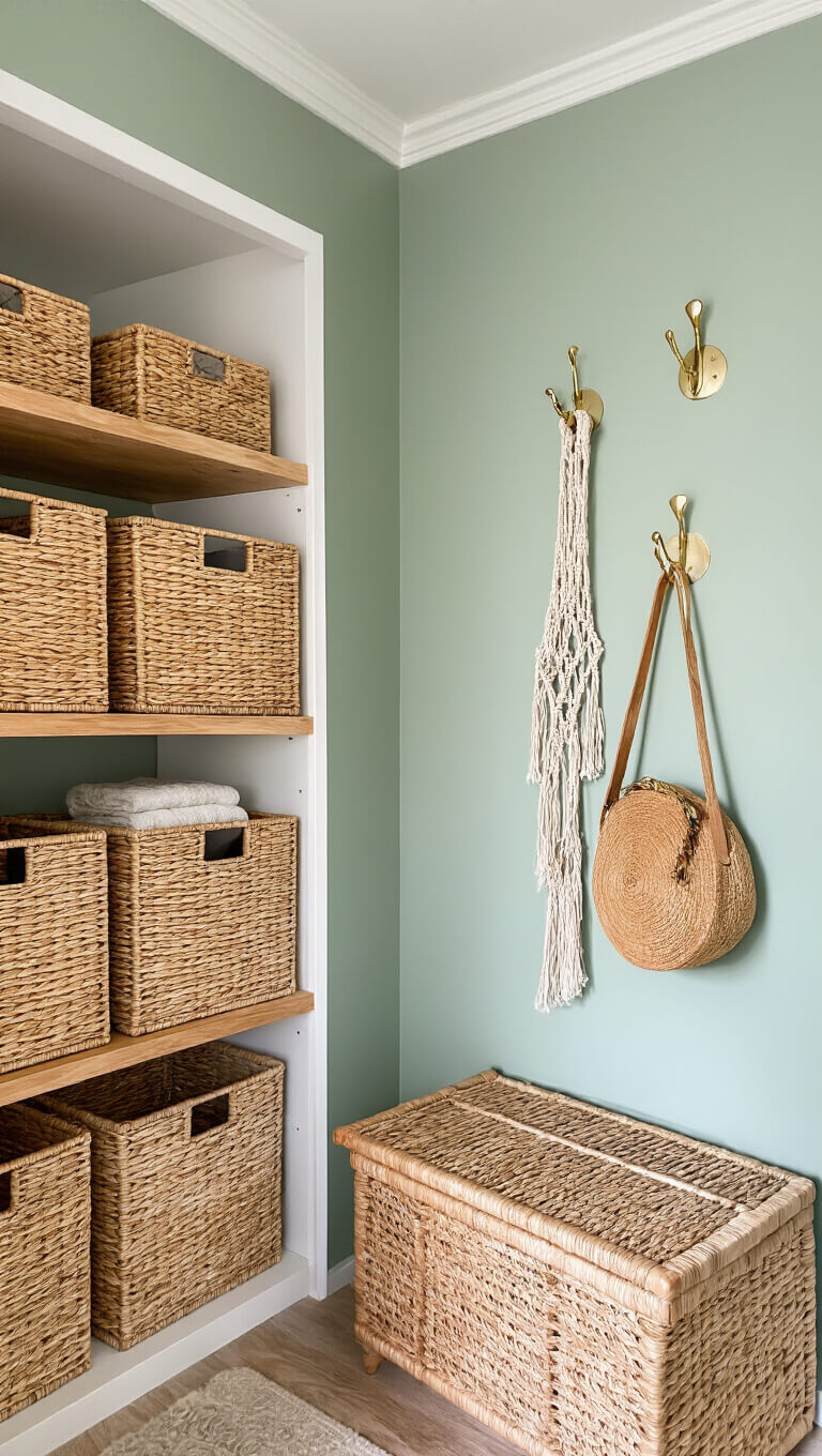 Low-angle view of a sage green 5x5ft closet nook with white trim, rattan baskets on floating wooden shelves, vintage brass hooks with accessories, and a macramé plant hanger, captured in morning light.