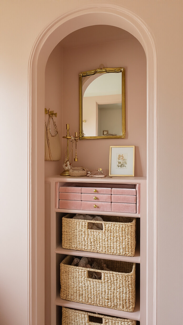 Cozy 3x5ft closet alcove with blush pink walls, gold hardware, velvet-lined jewelry drawers, natural woven baskets, vintage brass mirror, and small art print in warm afternoon light.