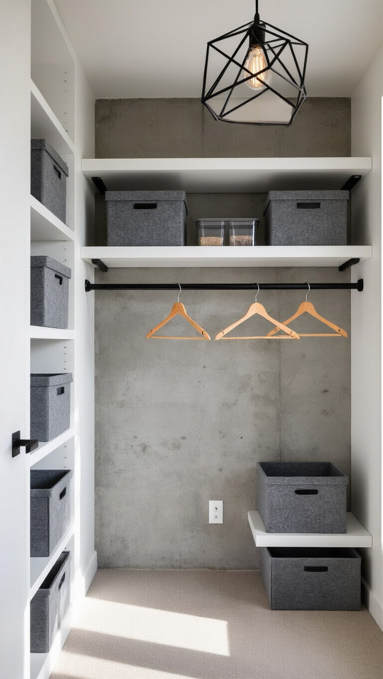 Contemporary 5x8ft closet with concrete accent wall, minimal white shelves, black metal rods with uniform wooden hangers, gray felt boxes, clear containers, and geometric pendant light casting shadows.