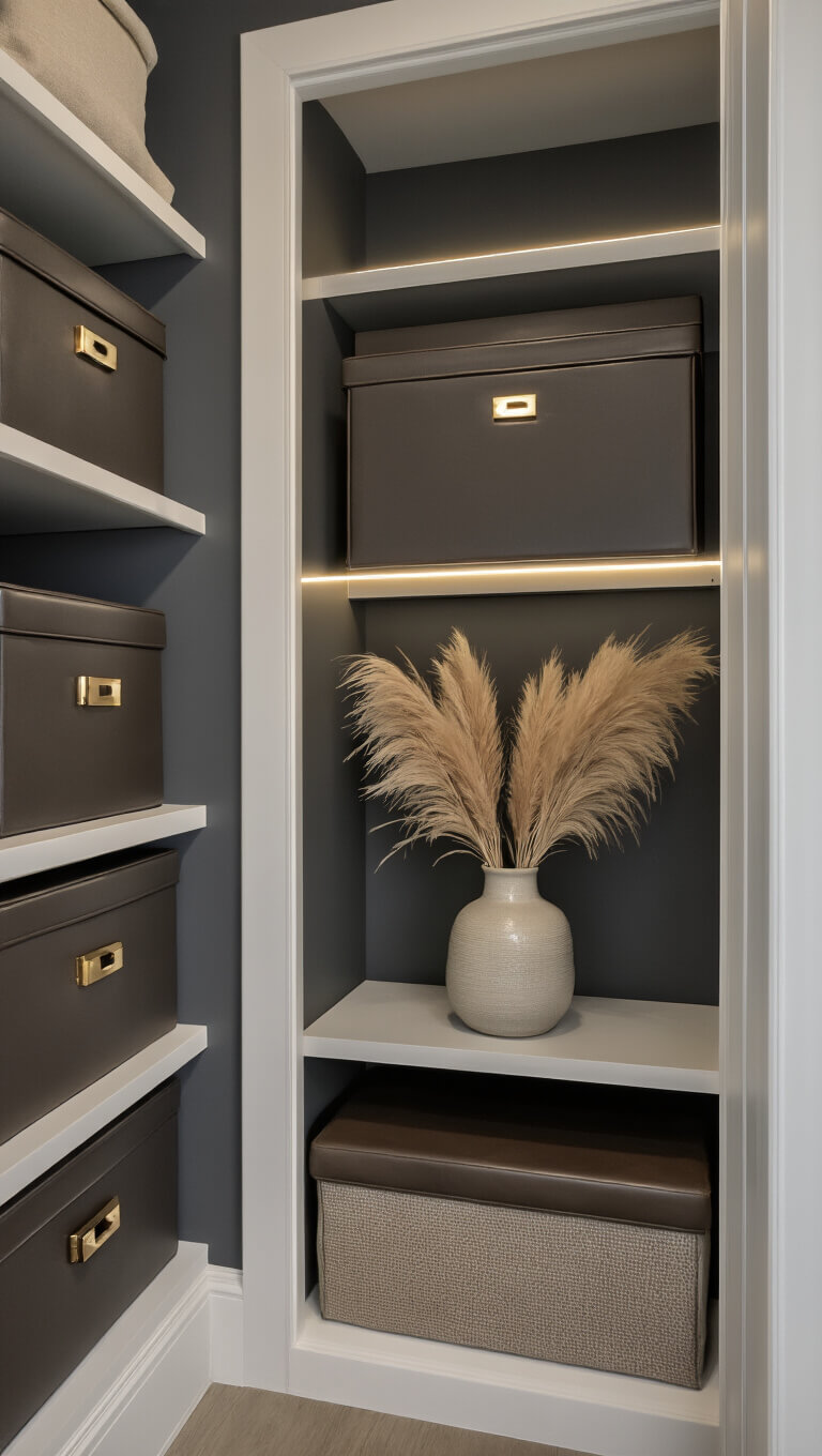 Closet with charcoal gray walls, white trim, hidden LED lighting, mixed metal hardware, leather and linen storage, and a ceramic vase with dried pampas grass.