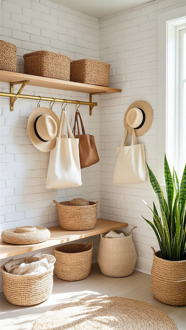 Brightly lit 6x7ft closet corner with white brick walls, wooden floating shelves, natural fiber baskets, vintage brass hooks with hats and bags, and a tall potted snake plant.