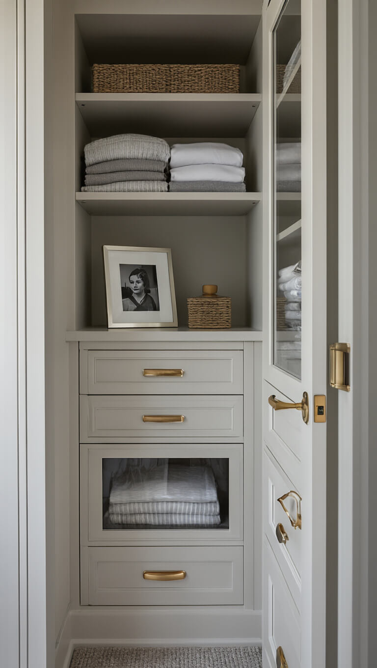 Closet with pale gray walls, white built-ins, glass-front drawers showing neatly folded clothes, metallic hardware, and a small black-and-white photo, in soft evening light.